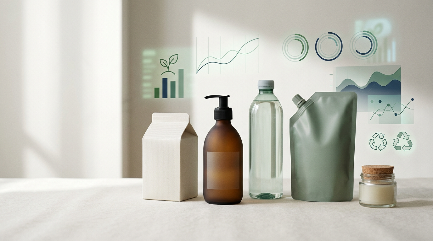 Duurzame verpakkingen met recycle-symbolen en milieugrafieken