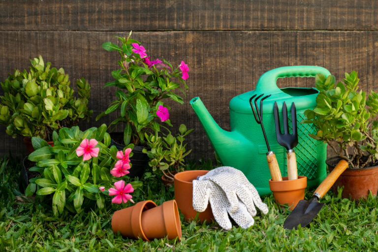 Tuin met gieter en handschoenen