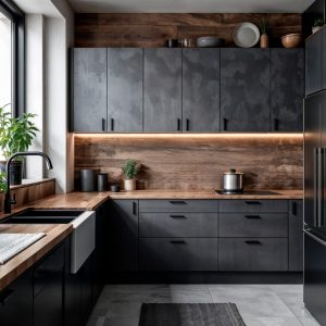 Zwarte keuken bij raam