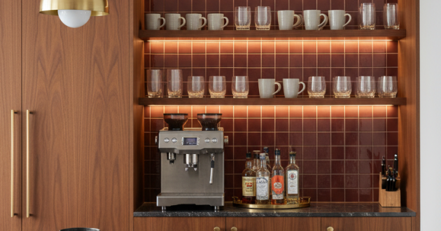 Een gezellige koffie- en drank nook in een moderne keuken, met kleine glanzende bordeaux tegels als backsplash, donkere houten kasten en open schappen met kopjes, glazen en flessen. Een ingebouwde koffiemachine en warme indirecte verlichting zorgen voor een trendy, mid-century modern sfeer.