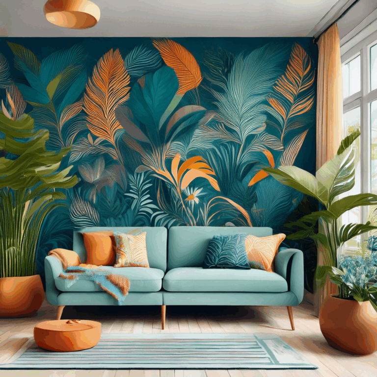 interieur met blauwe stoel en groene planten, focus op behangpapier blauw en oranje tinten