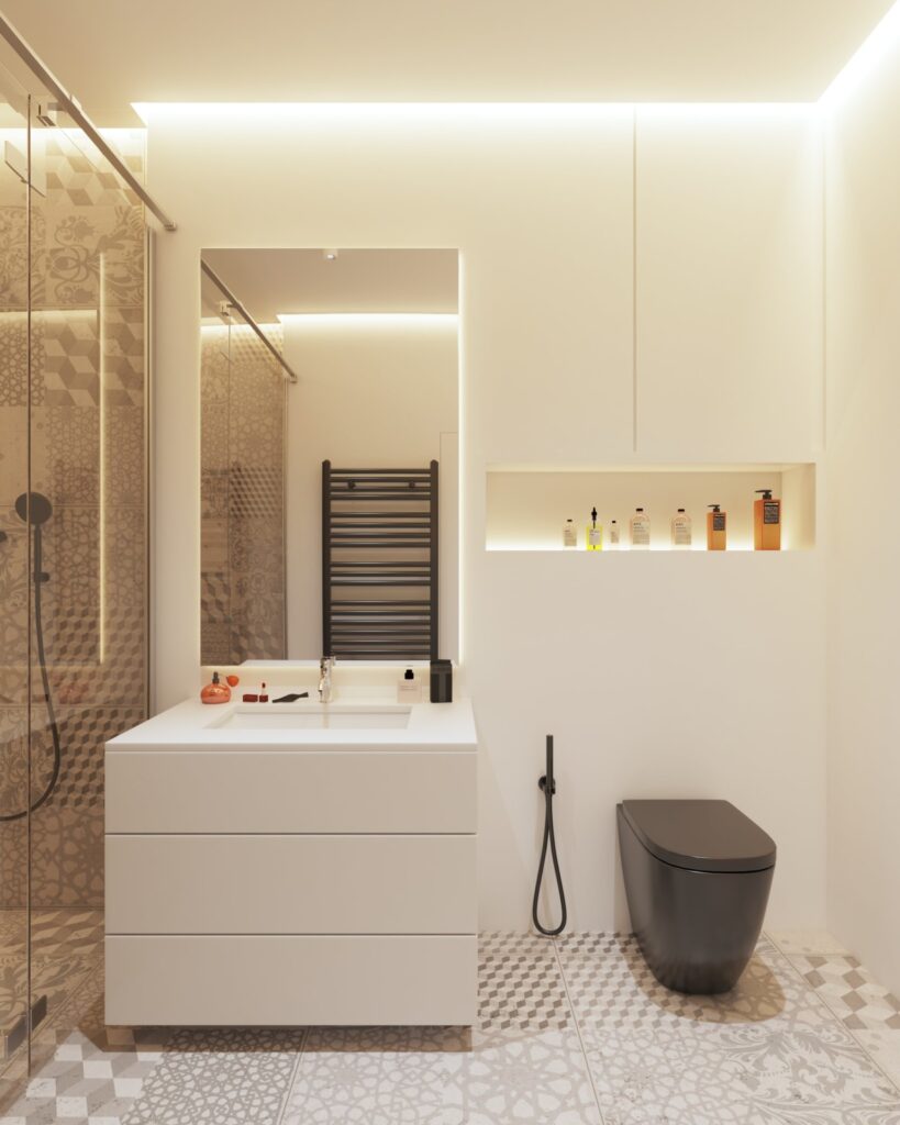Witte badkamer met toilet, douche, wastafel en verwarming