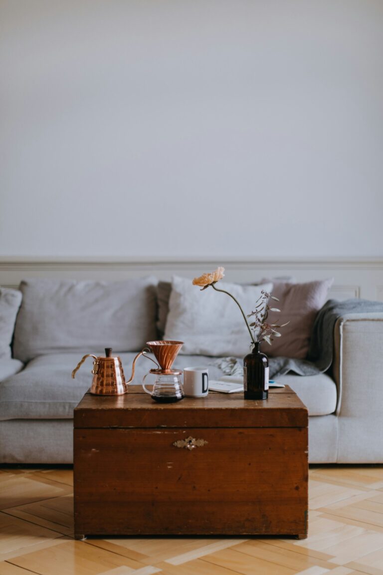 Tweedehands kist die dient als salontafel in een woonkamer