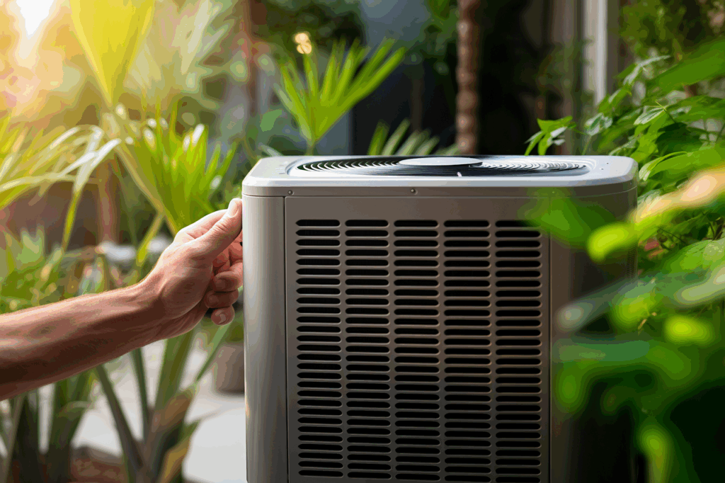 Warmtepomp in een tuin met een hand.