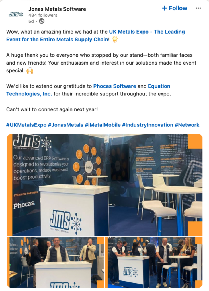 Jonas Metals Software Linkedin Post