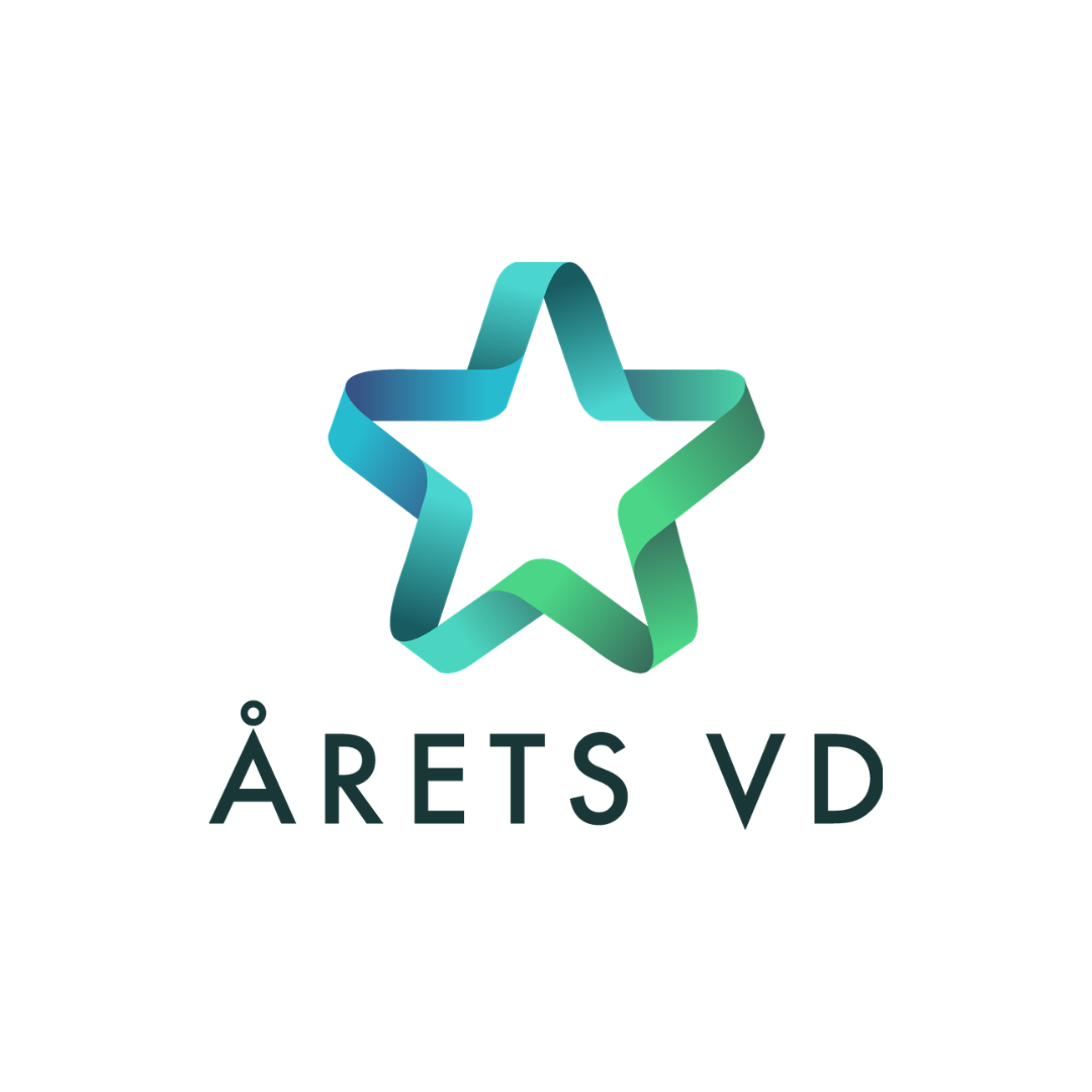 "Årets VD-logotypen i prisets profilfärger."