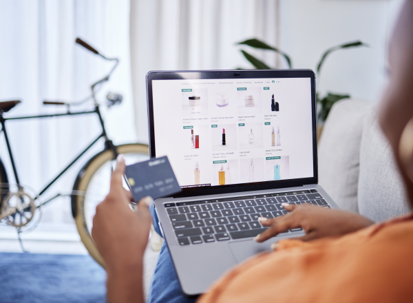 Laptop, beauty or woman online shopping with credit card for makeup cosmetics or digital product at