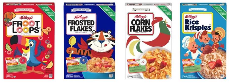 Retro packaging of Kellogg's cereal range, including Frosted Flakes, Cornflakes, Rice Krispies and Froot Loops