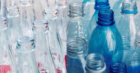 Glass bottles side by side with plastic bottles in an article debating whether glass bottles are worse than plastic