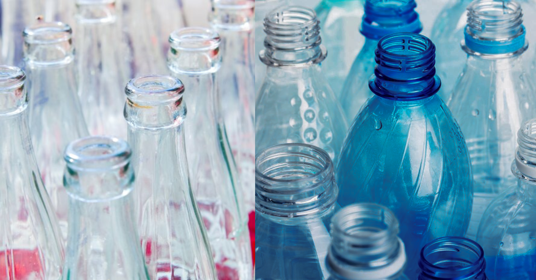 Glass bottles side by side with plastic bottles in an article debating whether glass bottles are worse than plastic