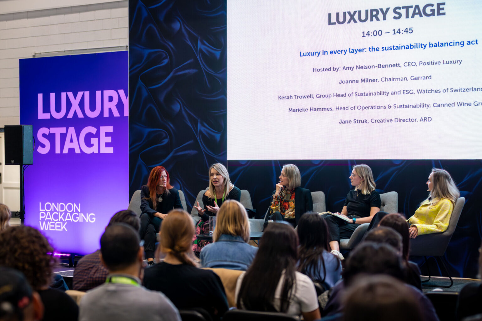 Expert panel discussing sustainability in luxury packaging during a conference session on the Luxury Stage at London Packaging Week.