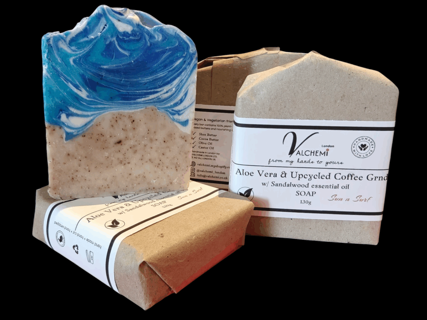 Handmade Aloe Vera & Upcycled Coffee Grounds with Sandalwood essential oil soap.