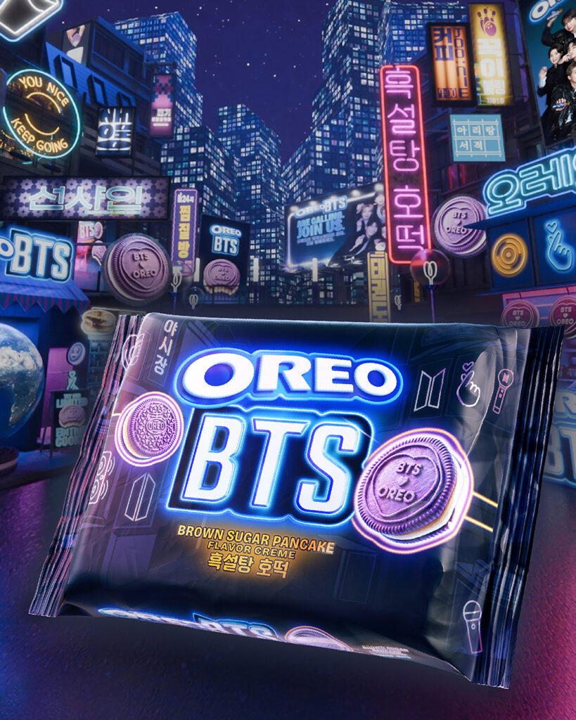 Oreo x BTS Limited Edition pack featuring purple BTS-branded cookies against a neon-lit Seoul-inspired cityscape.