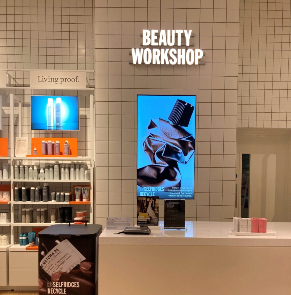 Reselfridges beauty recycling collection point inside Selfridges Beauty Workshop, supporting circular beauty packaging.