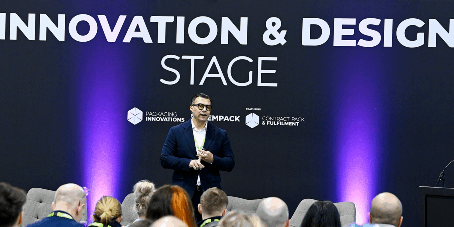 Speaker presenting on the Innovation & Design Stage at Packaging Innovations & Empack.