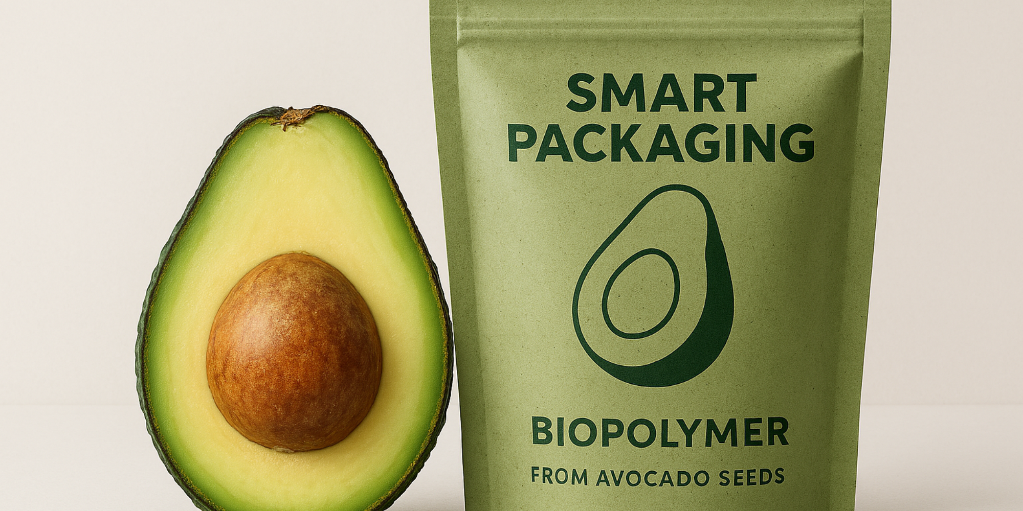 Green pouch labeled “Smart Packaging, Biopolymer from Avocado Seeds” next to a halved avocado.