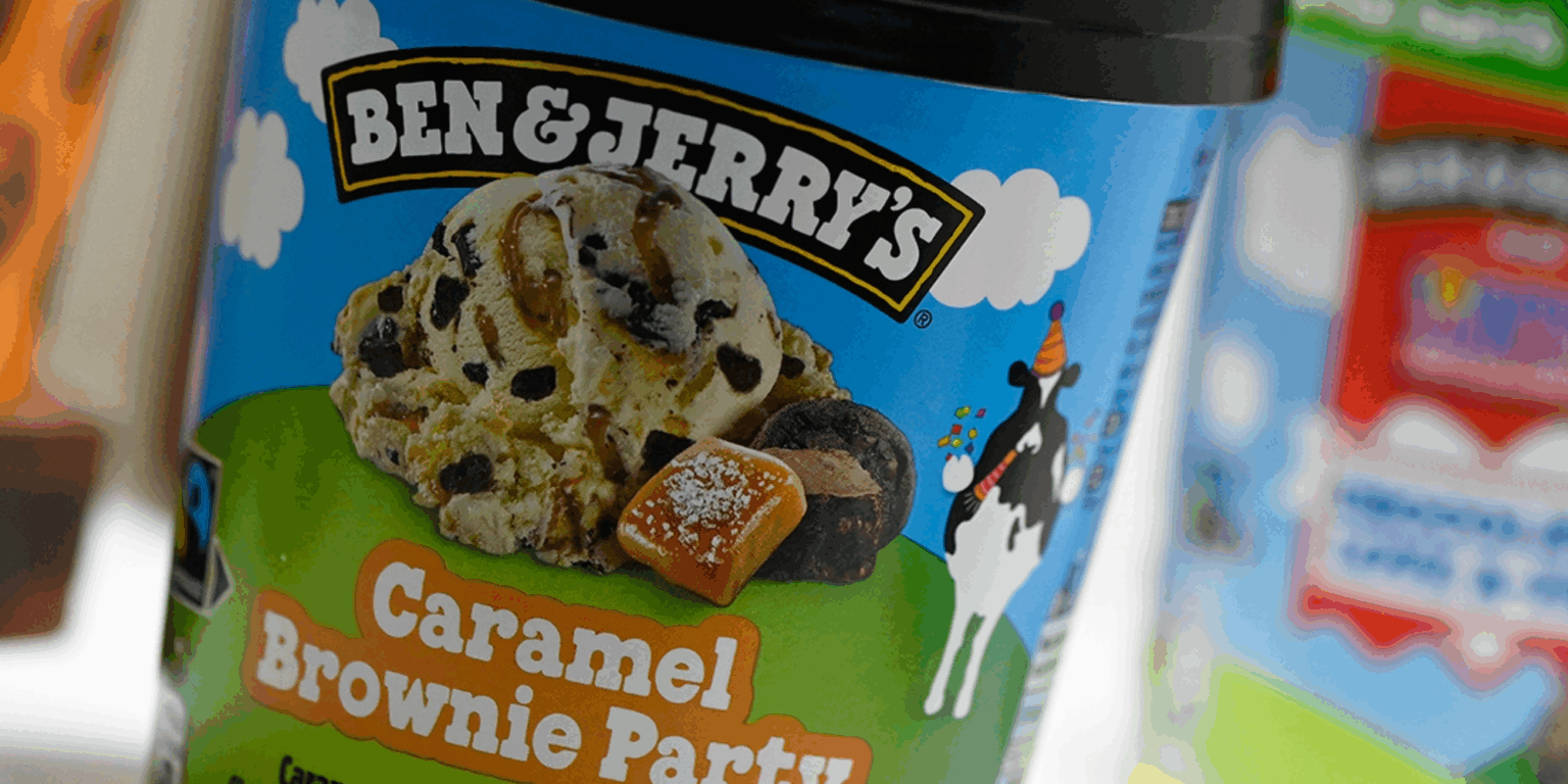 Ice cream tub showing branded food packaging design.