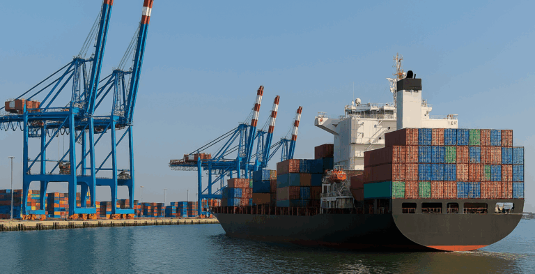 Container ship loaded with multicoloured shipping containers docked at a port, with large blue cargo cranes in the background.
