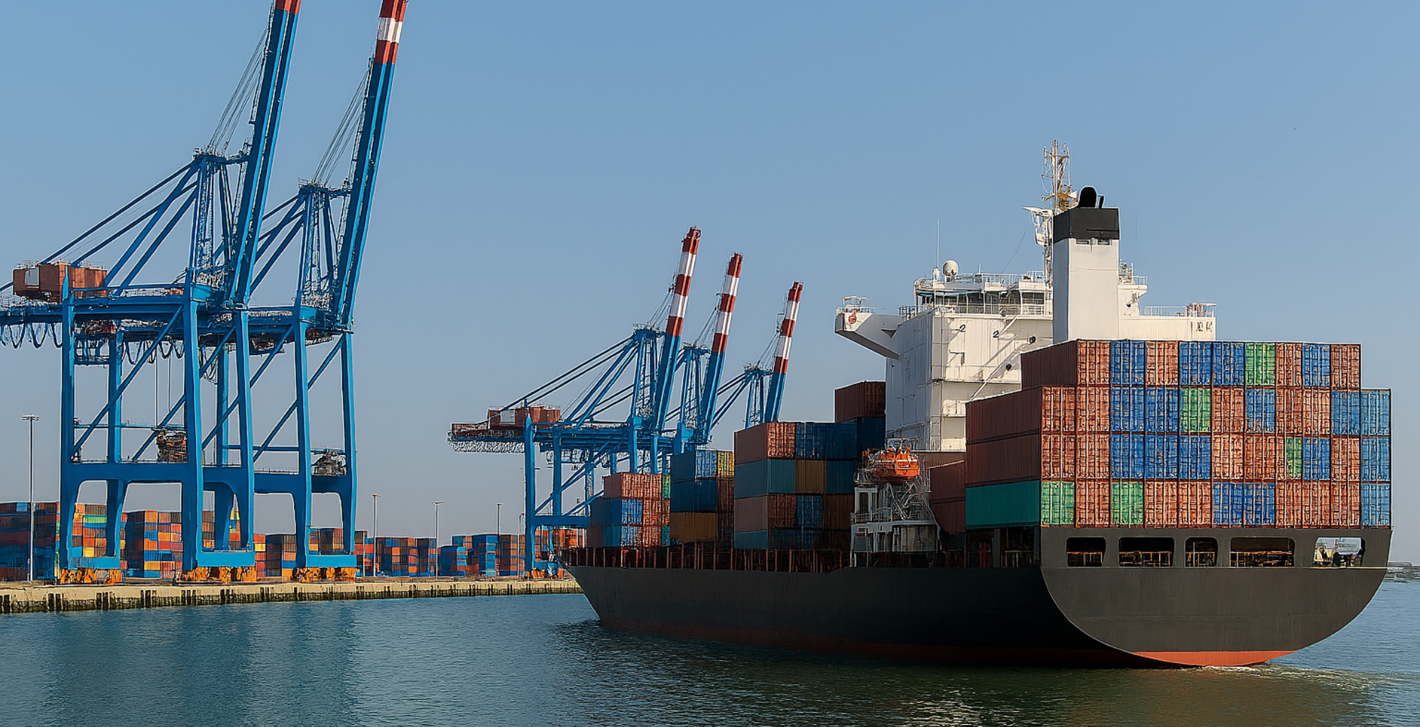 Container ship loaded with multicoloured shipping containers docked at a port, with large blue cargo cranes in the background.