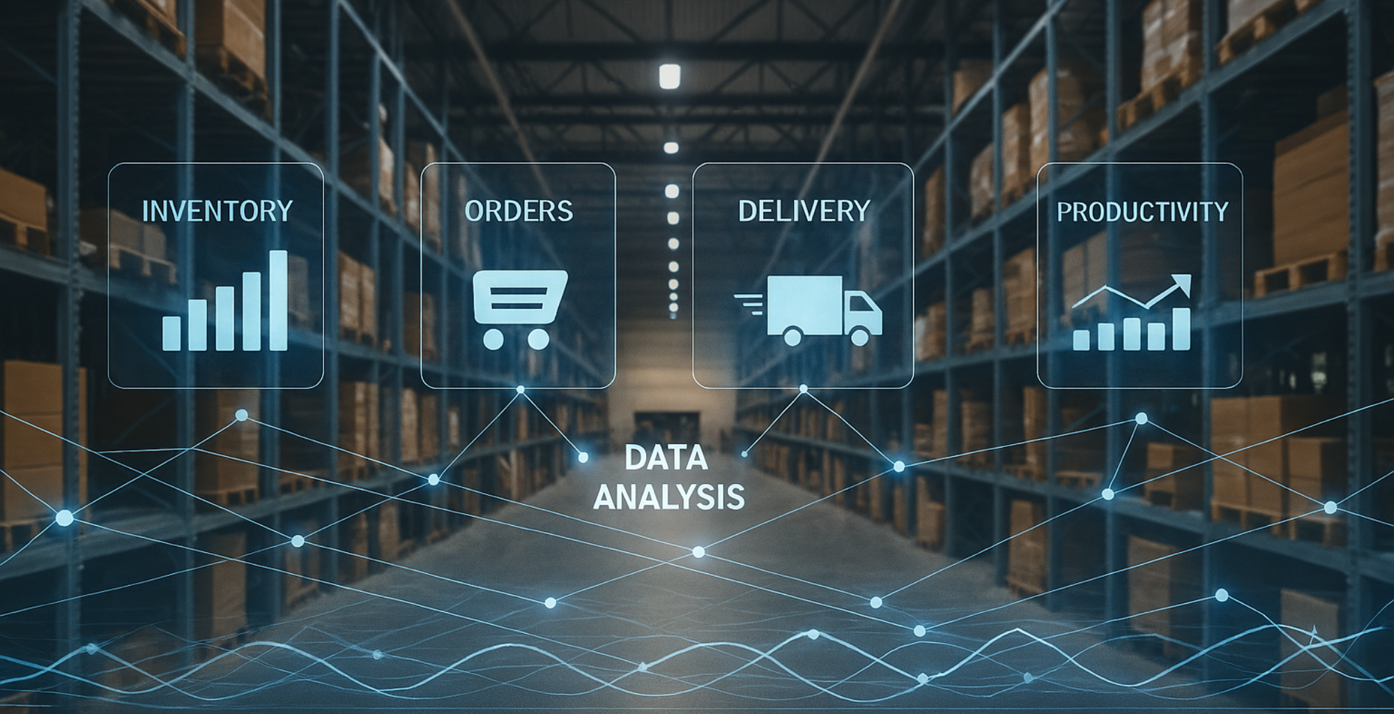 Wide view down a warehouse aisle with tall shelves of boxed inventory, overlaid with transparent data graphics showing inventory levels, orders, delivery and productivity, representing a system‑led, data‑driven supply chain.