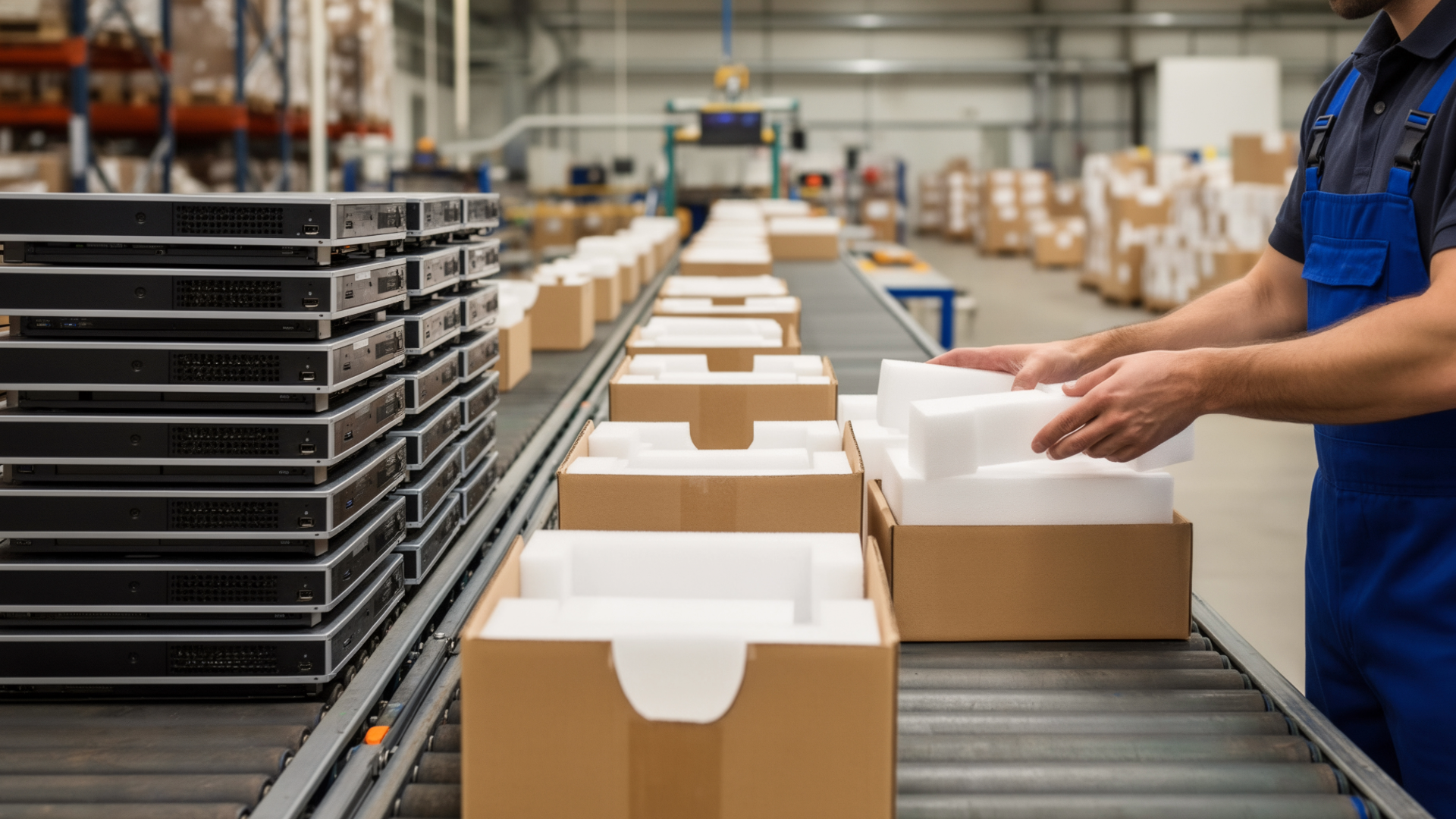 Grouped packaging and packaged goods in a warehouse, illustrating supply chain responsibility under the EU Packaging and Packaging Waste Regulation (PPWR).