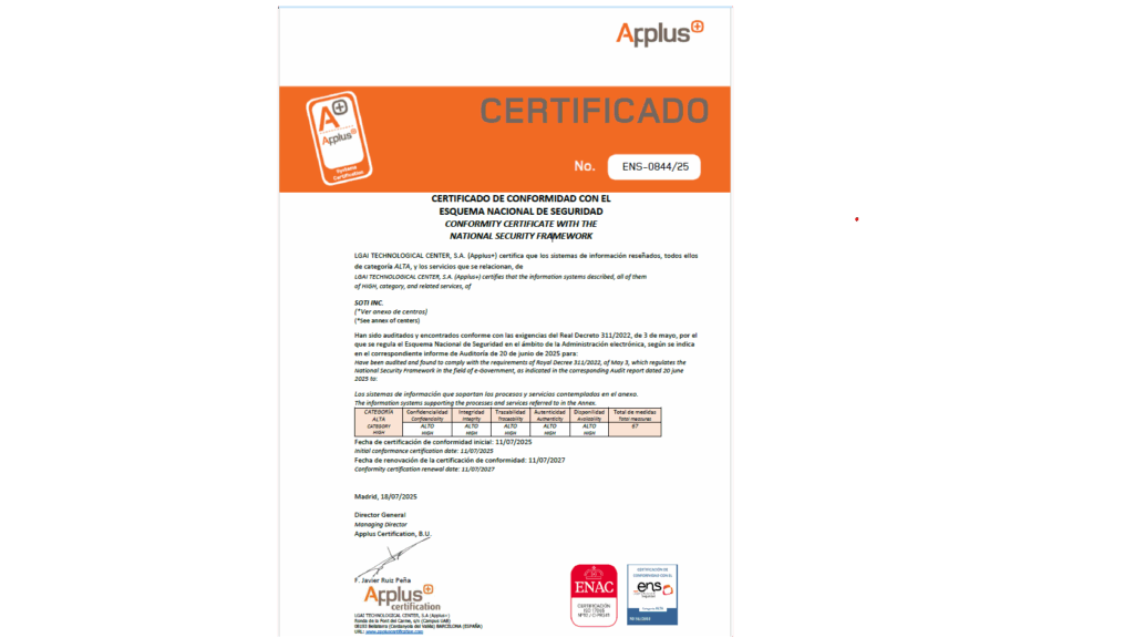 ¡SOTI obtiene la certificación ENS en categoría ALTA!
