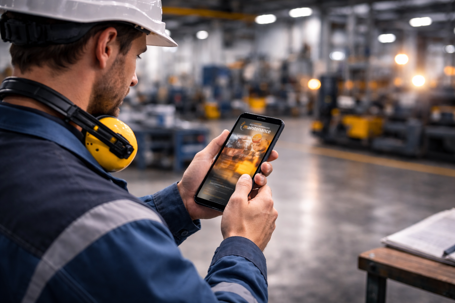 Instandhalter liest den monatlichen Newsletter auf einem Tablet und informiert sich über aktuelle Trends, Technologien und Best Practices in der Instandhaltung.