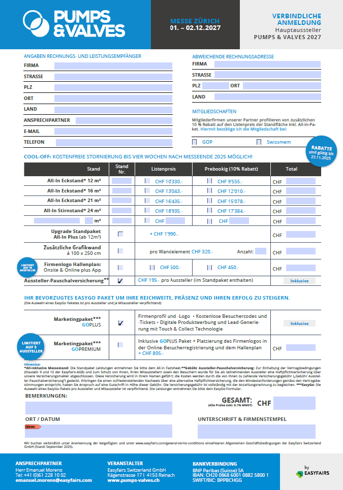 Anmeldeformular PUMPS & VALVES Fachmesse 2027