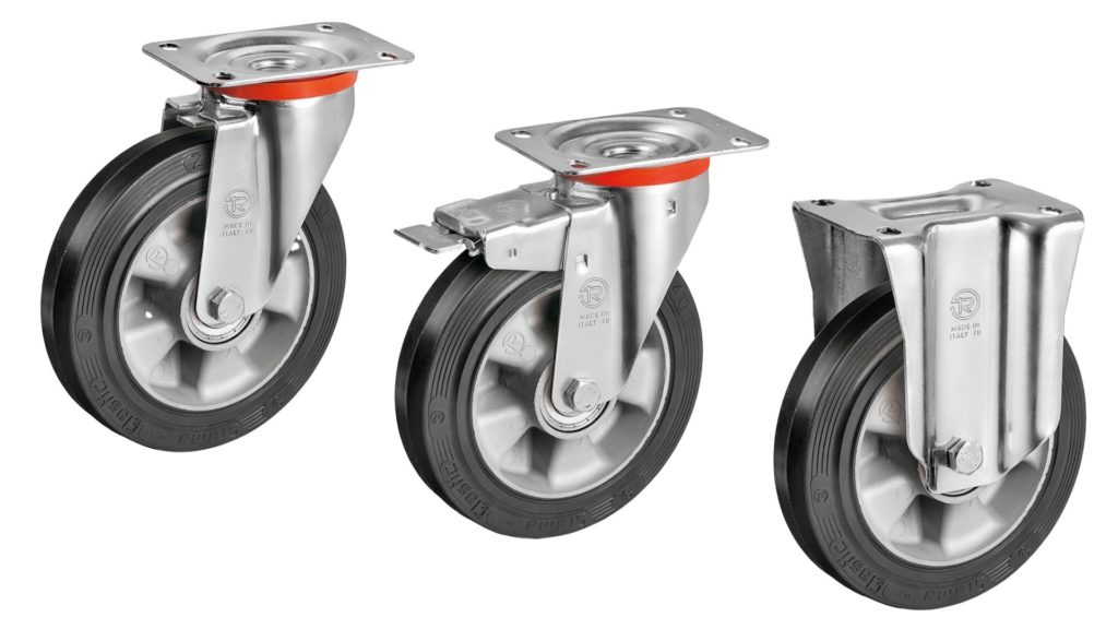 Roulettes pour charges lourdes  avec roues en caoutchouc plein élastique et roulement à billes