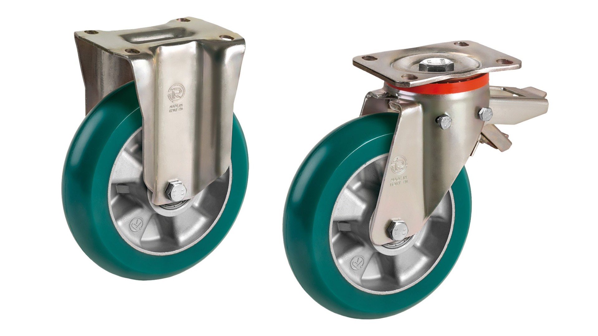 Roulettes ERGO avec bande de roulement bombée Polyuréthane coulé Supersoft avec jante en aluminium