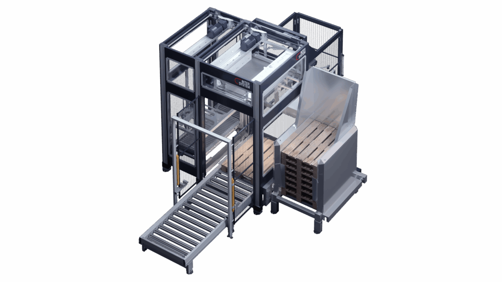 Der frei stehende Palettierer SINGEL von InterSystem verarbeitet einzelne Produktflüsse und stellt eine komplette Einheit dar.