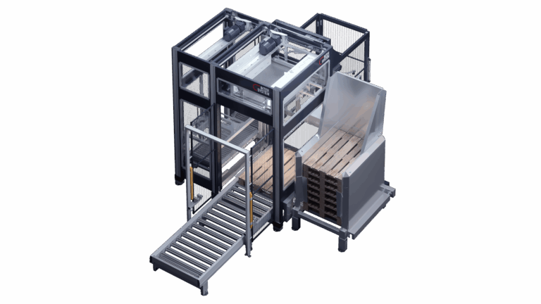 Der frei stehende Palettierer SINGEL von InterSystem verarbeitet einzelne Produktflüsse und stellt eine komplette Einheit dar.