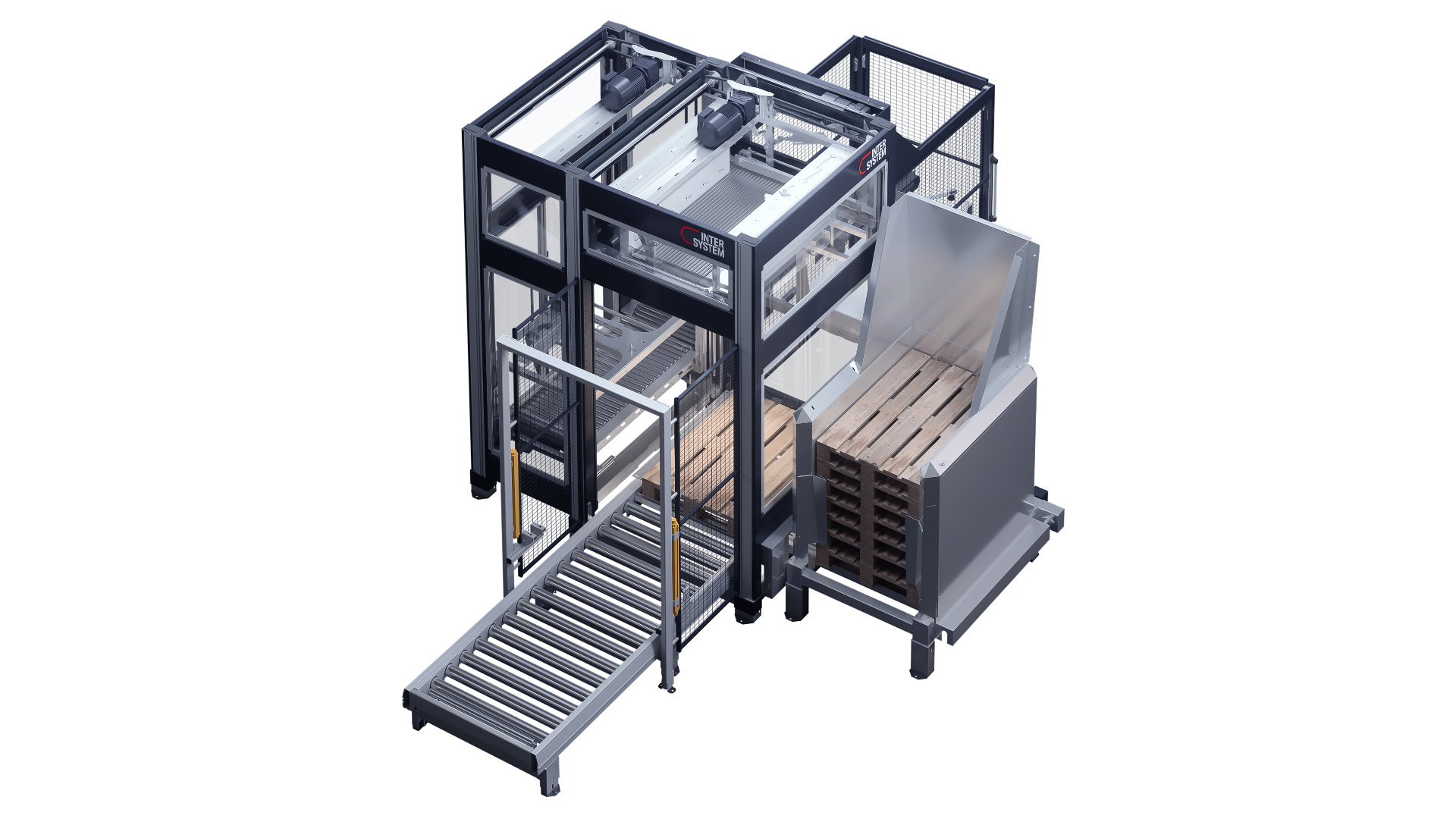 Der frei stehende Palettierer SINGEL von InterSystem verarbeitet einzelne Produktflüsse und stellt eine komplette Einheit dar.
