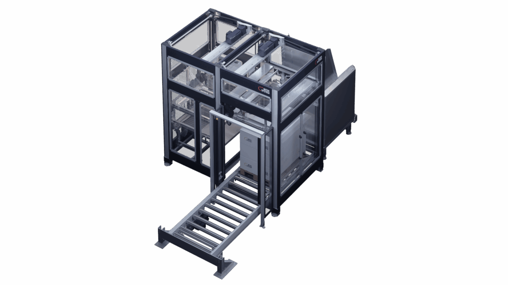 Der FLOW-Palettierer von InterSystem verarbeitet einzelne Produktflüsse und stellt eine komplette Einheit dar.