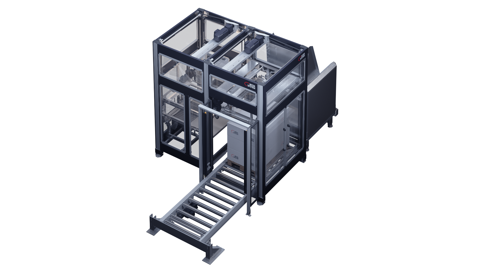 Der FLOW-Palettierer von InterSystem verarbeitet einzelne Produktflüsse und stellt eine komplette Einheit dar.