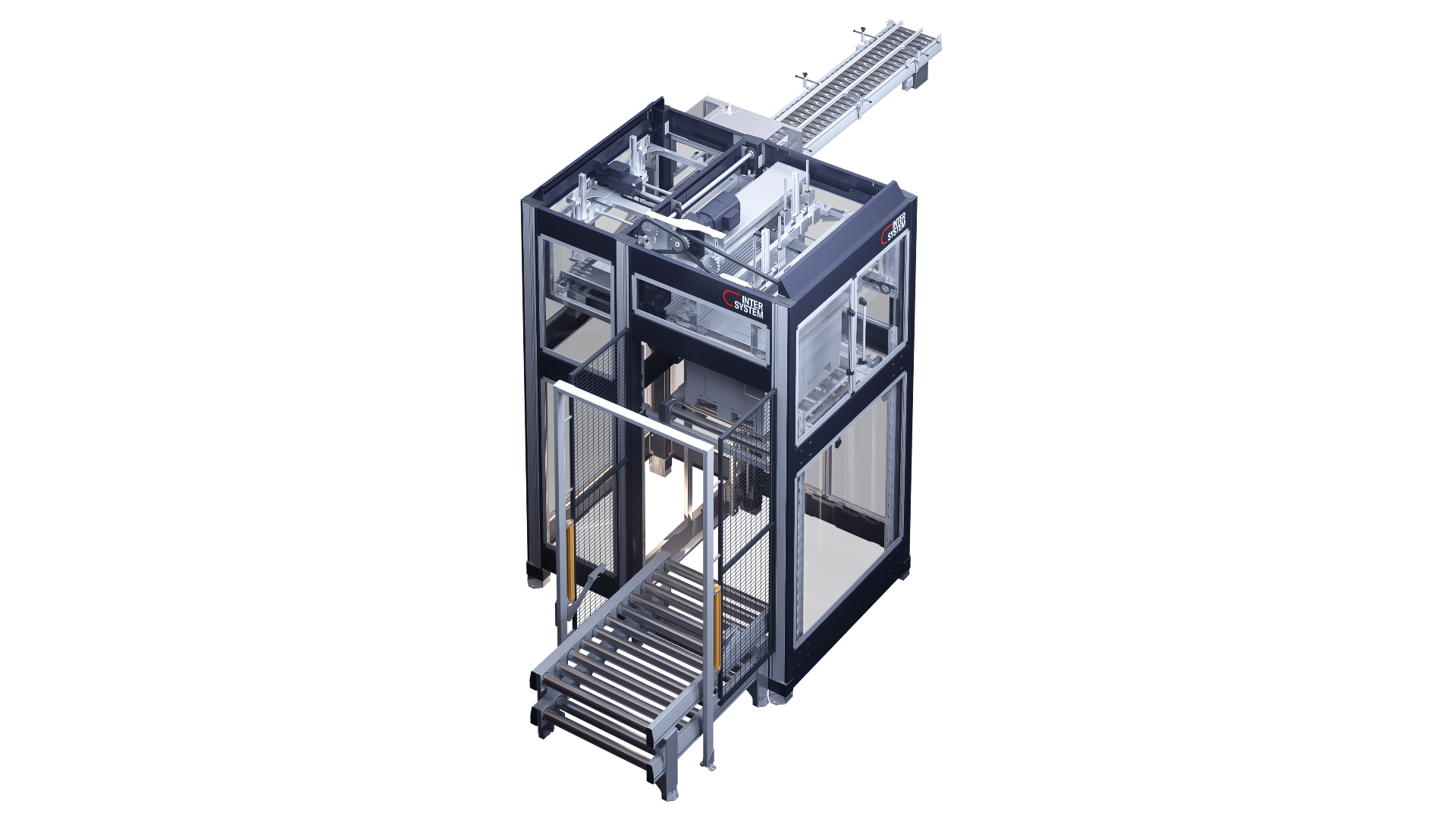 EinDer MAX-Palettierer für hohe Leistung bei kontinuierlichem Wenden der Produkte und doppelte Zuführwege ermöglichen eine hohe Kapazität bei geringem Platzbedarf für 2 Verpackungslinien.