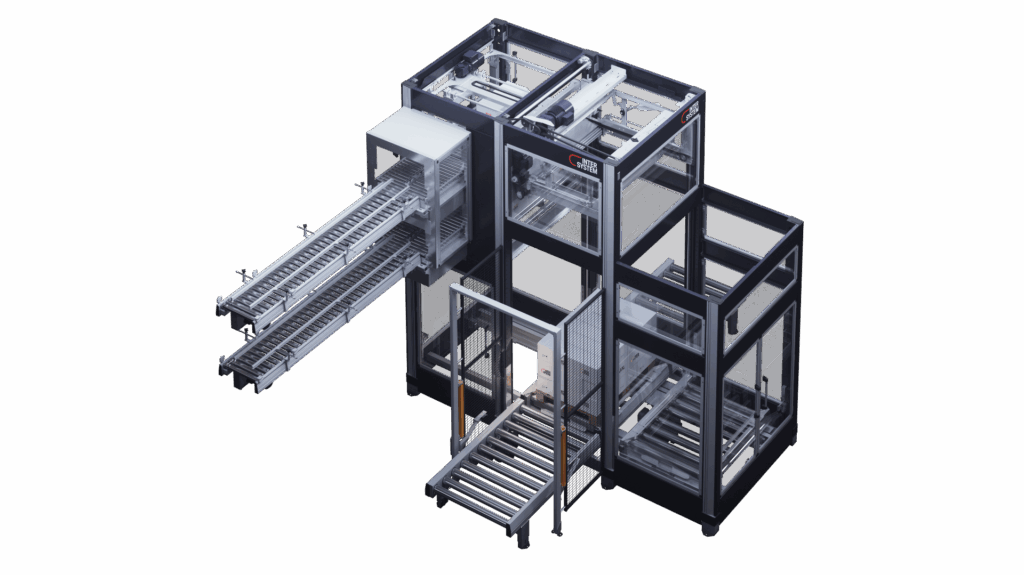 Der Multi-Palettierer verarbeitet dank integriertem Palettenwechselsystem zwei Produktlinien in einer Maschine.
