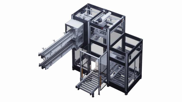 Der Multi-Palettierer verarbeitet dank integriertem Palettenwechselsystem zwei Produktlinien in einer Maschine.