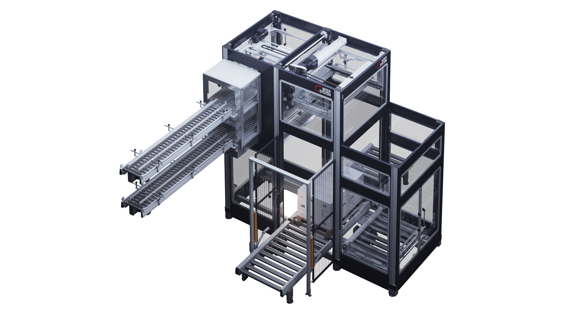 Der Multi-Palettierer verarbeitet dank integriertem Palettenwechselsystem zwei Produktlinien in einer Maschine.
