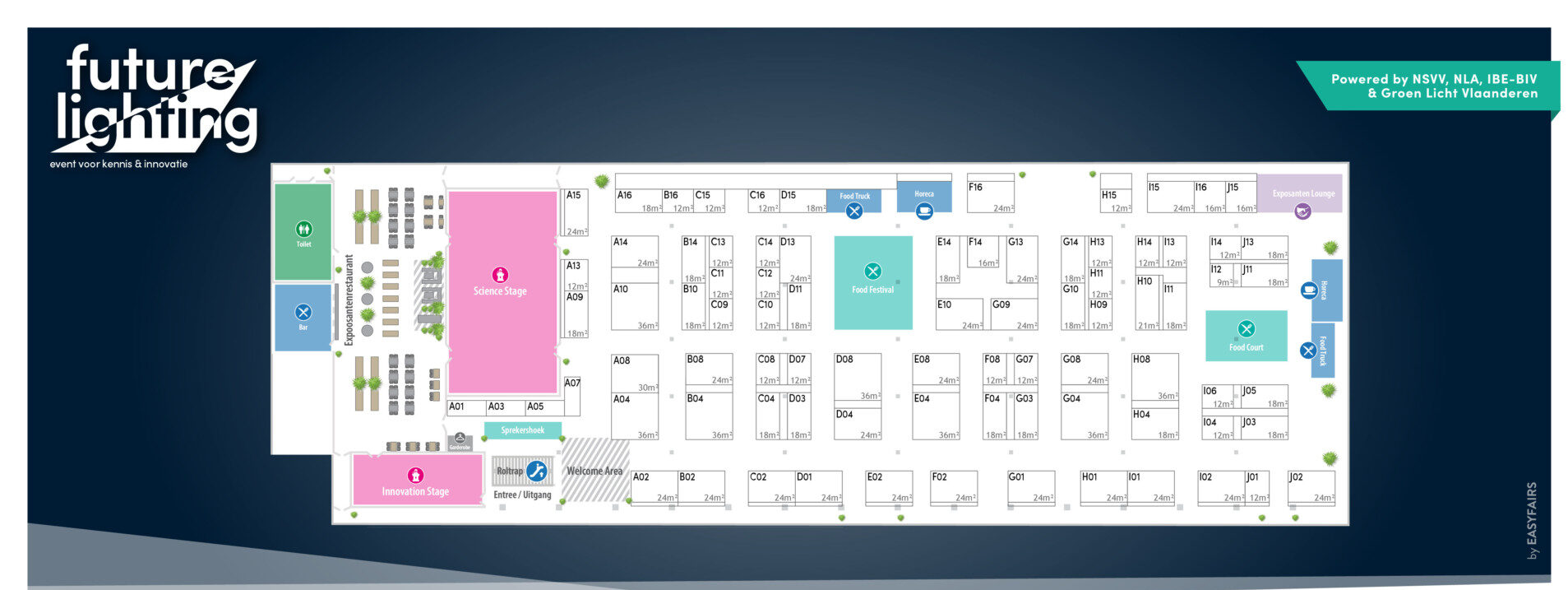 Plattegrond van het event Future Lighting 2025 met de beschikbare plekken en exposanten die al deelnemen aan het event