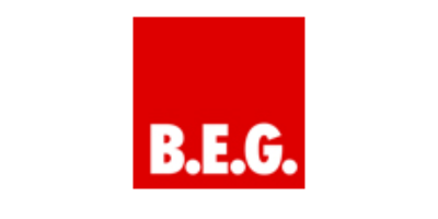 Rood B.E.G.-logo met witte letters