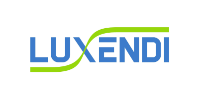 Luxendi-logo met blauwgroene swoosh op witte achtergrond